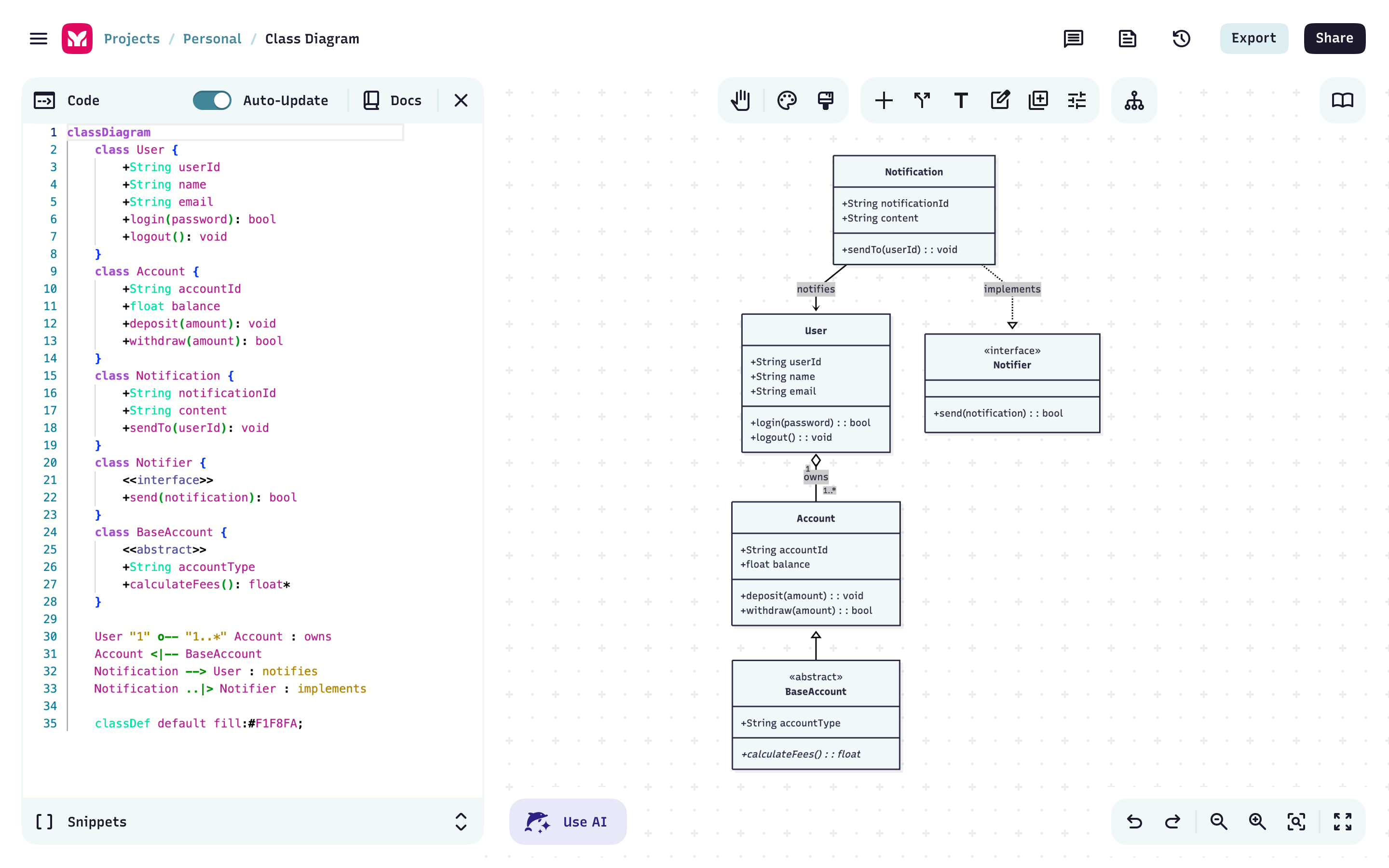 Mermaid Visual Editor showing a class diagram generated from Mermaid AI — directly from pasted code, a schema, or a data file