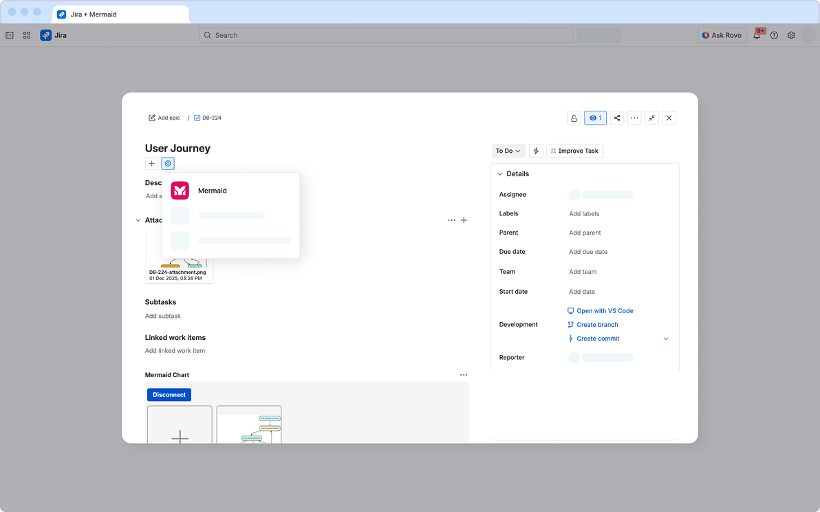 Mermaid plugin for Jira — attach and render Mermaid diagrams directly in Jira issues and epics to visualize workflows and architecture