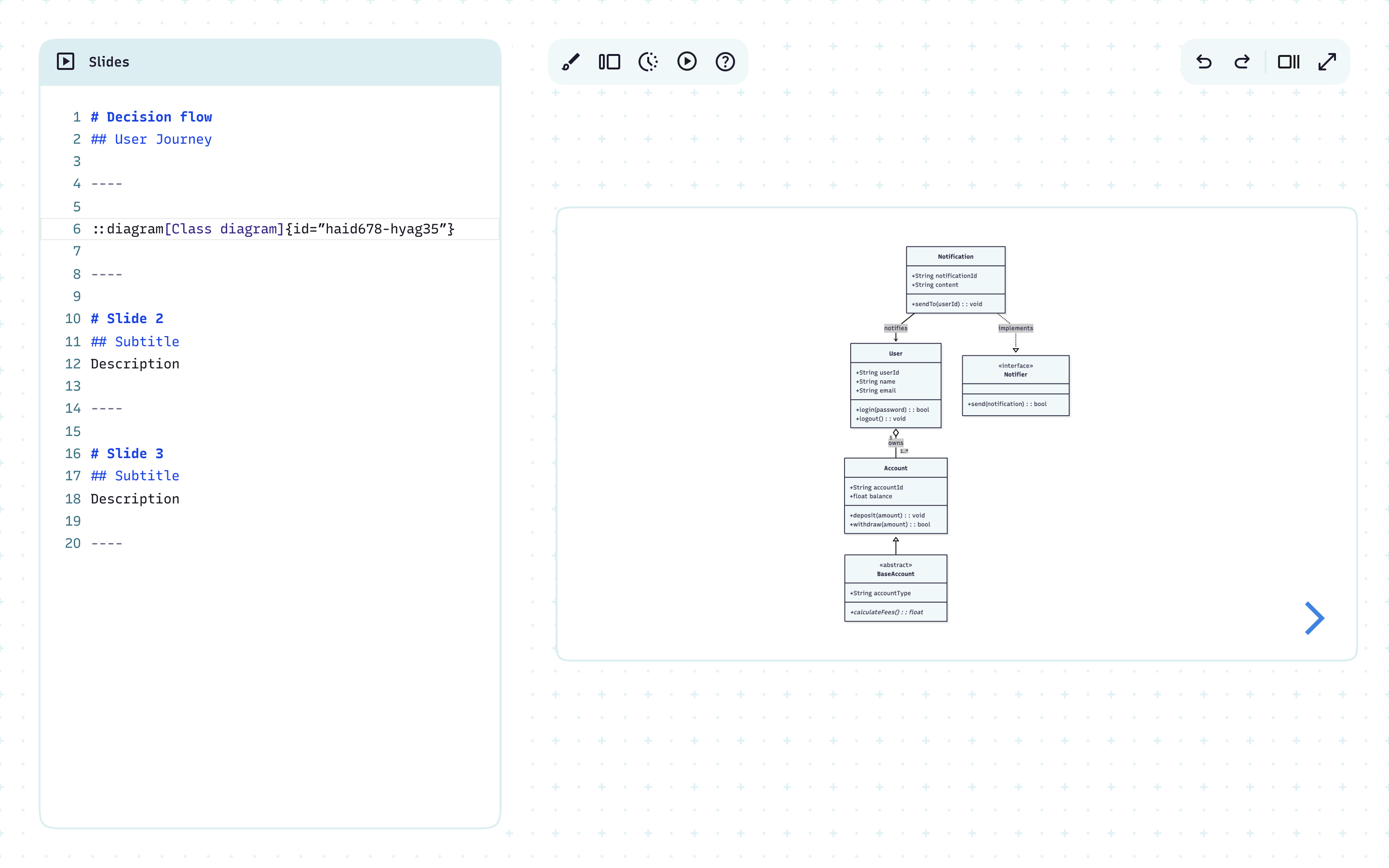 Mermaid sequence or flowchart diagram in presentation mode — walking stakeholders through a system flow or process step by step with a clean, full-screen visual