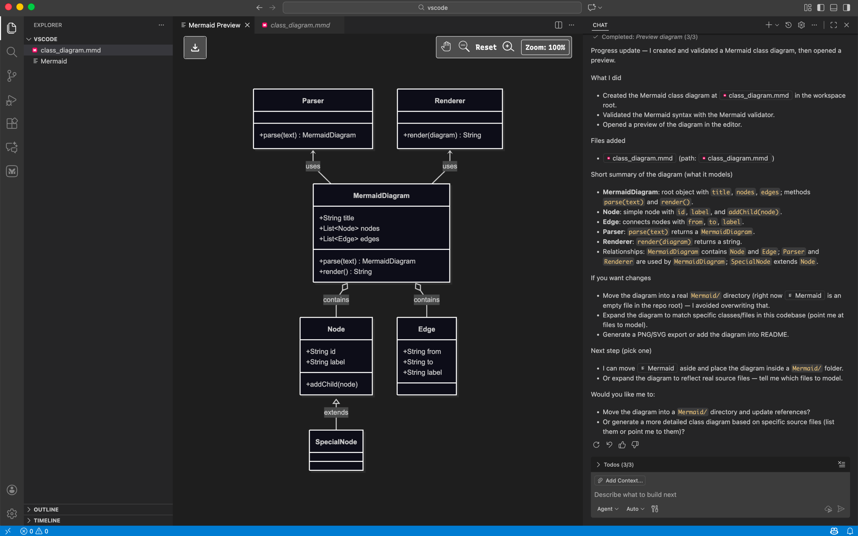 Mermaid git graph in VS code showing branch history, commits, and merge points — used to visualize version control structure and track code ownership across teams